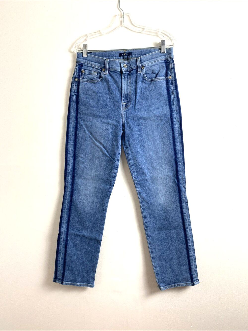 7 For All Mankind Jeans Womens 31 Blue Denim Streight Leg Stripes Side High Rise